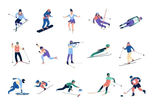 Vector illustration of Winter sports skating. Skiers and snowboards athletes, mountains ski jumping and freestyle, bobsleigh, curling ice hockey, olympic games. People active poses vector cartoon isolated set
