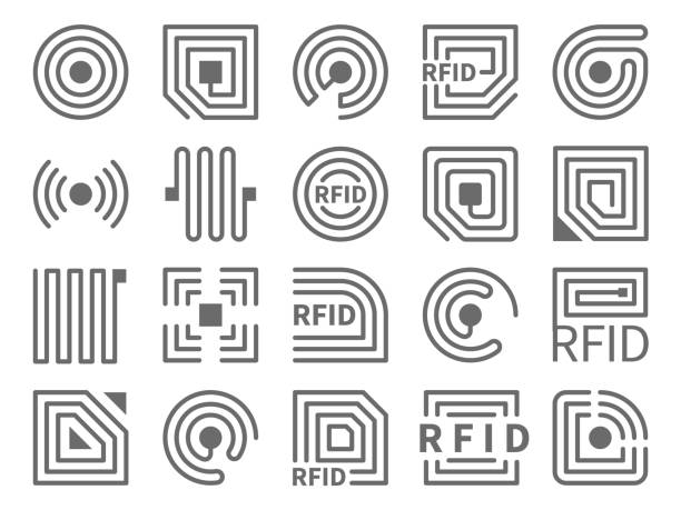 Rfid icons. Electronic readers technology, different forms, near field communication and radio frequency identification tags. Shopping badges, id label. Vector black isolated set Rfid icons. Electronic readers technology, different forms, near field communication and radio frequency identification tags. Shopping badges, id electromagnetic label. Vector black isolated set radio frequency identification stock illustrations