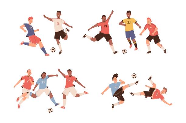 Fighting soccer players. Athletes fight for ball, footballer actions, sports team game, people in uniform, sharp match moments. Olympic professional sport. Vector cartoon flat isolated set Fighting soccer players. Athletes fight for ball, footballer actions, sports team game, people in uniform, sharp match moments. Olympic professional sport collection. Vector cartoon flat isolated set soccer soccer player goalie playing stock illustrations