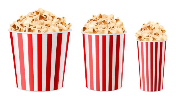 ilustrações de stock, clip art, desenhos animados e ícones de realistic popcorn buckets. 3d multiple sizes paper cups, snacks for cinema and circus. large, medium and small containers, striped red white packaging, corns souffles. vector isolated set - the media