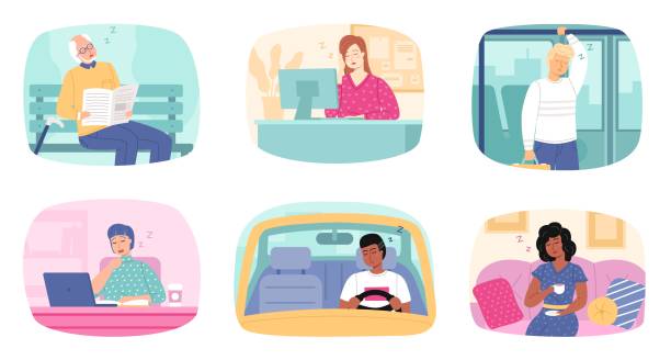 ilustraciones, imágenes clip art, dibujos animados e iconos de stock de gente cansada. empleados inactivos de la oficina y conductores de automóviles. pasajeros que duermen en el transporte. hombres y mujeres sienten fatiga. los personajes se duermen en el trabajo y la carretera, a pie o en casa, conjunto de vectores - sleeping on the job illustrations