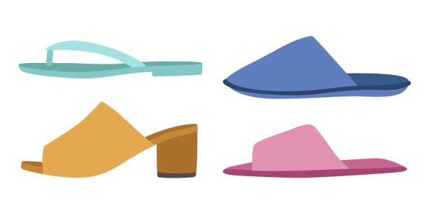 Footwear. Types of shoes for men and women or house. Fashionable casual style. Side view on summer flip-flop footgear without heels. Home slippers. Vector beach outfit elements set Footwear. Cartoon types of shoes for men and women or house. Fashionable casual style. Side view on isolated summer flip-flop footgear without heels. Home slippers. Vector beach outfit elements set flip flop sandal beach isolated stock illustrations