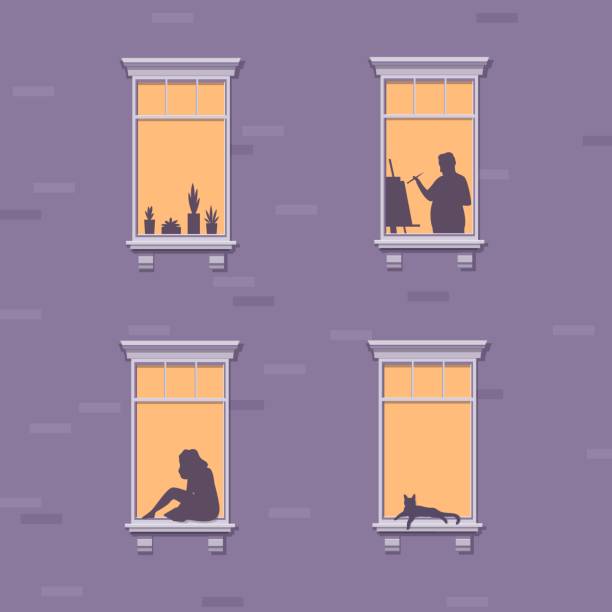Neighbors. Windows with people, houseplant, and cat. Brick wall of building facade, shadows evening home scene, human life concept. Vector flat cartoon isolated illustration Neighbors. Windows with people, houseplant, and cat. Brick wall of building facade, shadows evening home scene, characters silhouettes, human life concept. Vector flat cartoon isolated illustration window silhouettes stock illustrations