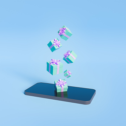 gift boxes falling on a mobile phone. minimal concept of online shopping. 3d rendering