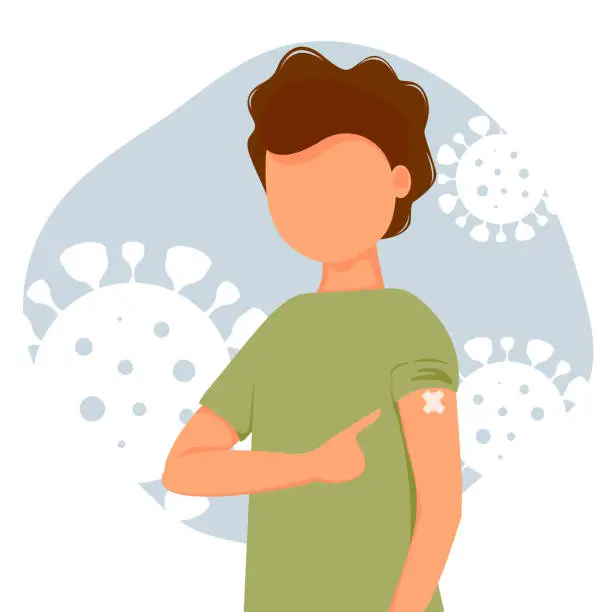 Vector illustration of Child pointing his finger at the vaccinated hand. The concept of health, the spread of the vaccine, healthcare, call of fight against coronavirus. Colorful vector illustration in flat style.