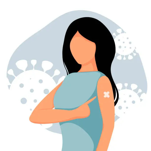 Vector illustration of Young woman pointing her finger at the vaccinated hand. The concept of health, the spread of the vaccine, healthcare, call of fight against coronavirus. Colorful vector illustration in flat style.