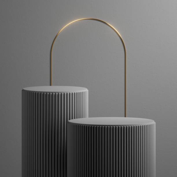 istock 3d render, abstract grey background. Modern minimal showcase scene with golden arch and two empty pedestals for product presentation 1333171862