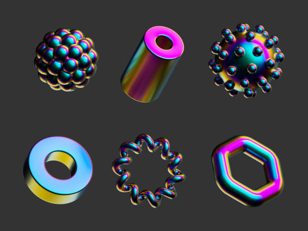 istock 3d render, assorted abstract geometric shapes and objects. Collection of iridescent metallic design elements. Clip art isolated on dark background 1333171960