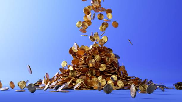 istock 3d render, golden coins with the bitcoin symbol fall down into a heap or pile, isolated on blue background 1333172058
