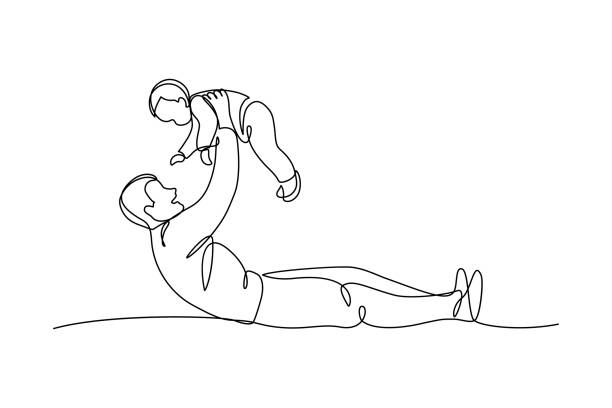 Father playing with his young child Happy dad playing with his young child in continuous line art drawing style. Father holding his son up in the air. Minimalist black linear sketch isolated on white background. Vector illustration father stock illustrations