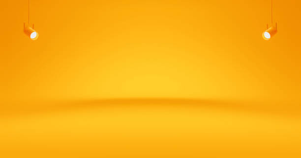 Yellow studio background spotlight wall and empty blank space backdrop design on vivid bright template or gradient room color wallpaper with abstract interior modern floor concept. 3D rendering.