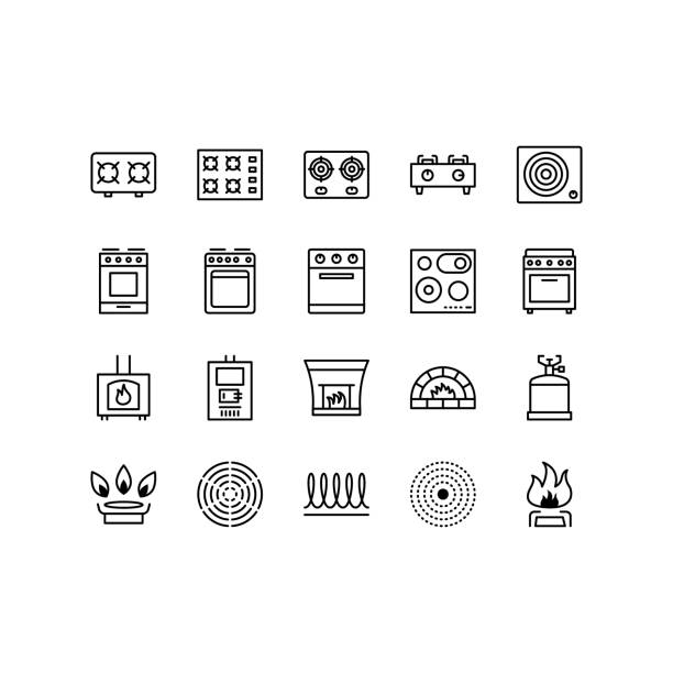 Stove flat line icons set. Contains such Icons Burner, Oven, Cooker, Camping gas, wood burning stove, brick oven. Simple flat vector illustration for web site or mobile app Stove flat line icons set. Contains such Icons Burner, Oven, Cooker, Camping gas, wood burning stove, brick oven. Simple flat vector illustration for web site or mobile app. burner stove top stock illustrations