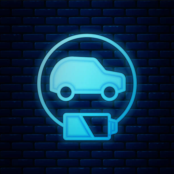 istock Glowing neon Electric car and electrical cable plug charging icon isolated on brick wall background. Renewable eco technologies. Vector 1333175595