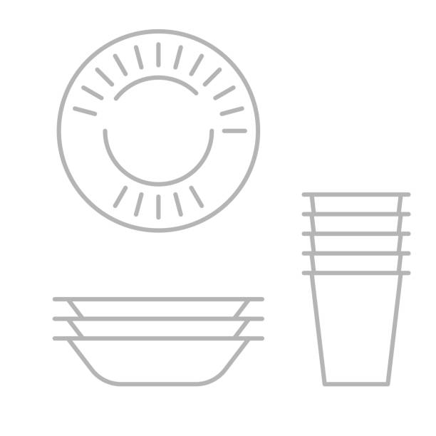Vector illustrations of disposable paper cups, plates and vessels Vector illustrations of disposable paper cups, plates and vessels paper plate stock illustrations