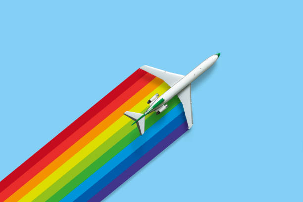 Collage of a model aircraft with a contrail in the shape and colour of a rainbow