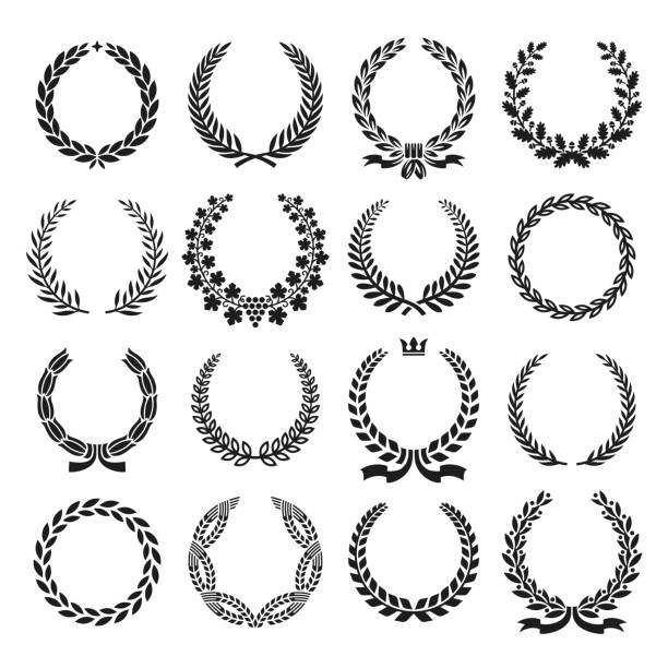 Laurel wreaths. Crest wreath, laurels leaves on branches. Winner icons, victory award logos. Greek branching circle medal tidy vector emblems Laurel wreaths. Crest wreath, laurels leaves on branches. Winner icons, victory award logos. Greek branching circle medal tidy vector emblems on white laureat stock illustrations