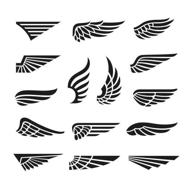 ilustraciones, imágenes clip art, dibujos animados e iconos de stock de alas de águila. logotipo mínimo del ejército, iconos de gráficos de alas. insignias abstractas retro de aves halcón negro, emblema de vuelo aislado colección de vectores ordenados - alas angel