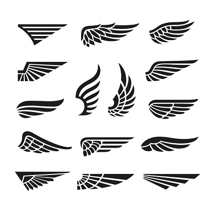 Eagle wings. Army minimal logo, wing graphics icons. Abstract retro black falcon bird badges, isolated flight emblem tidy vector collection on white