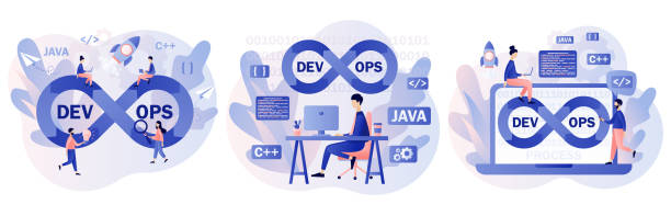 DevOps concept. Tiny programmers practice of development and software operations. Software engineering culture. Modern flat cartoon style. Vector illustration on white background DevOps concept. Tiny programmers practice of development and software operations. Software engineering culture. Modern flat cartoon style. Vector illustration human life cycle cartoon stock illustrations