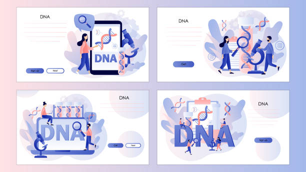 Genetic DNA Science. Tiny scientists investigating and testing DNA in laboratory. Big gene helix sign. Screen template for landing page, template, ui, web, mobile app, poster, banner, flyer. Vector Genetic DNA Science. Tiny scientists investigating and testing DNA in laboratory. Big gene helix sign. Screen template for landing page, template, ui, web, mobile app, poster, banner, flyer. Vector illustration genetic screening stock illustrations