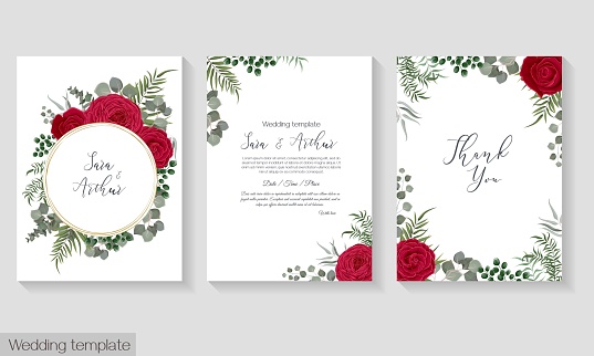 Vector floral template for wedding invitation. Red roses, eucalyptus, green plants and leaves. Gold round frame.