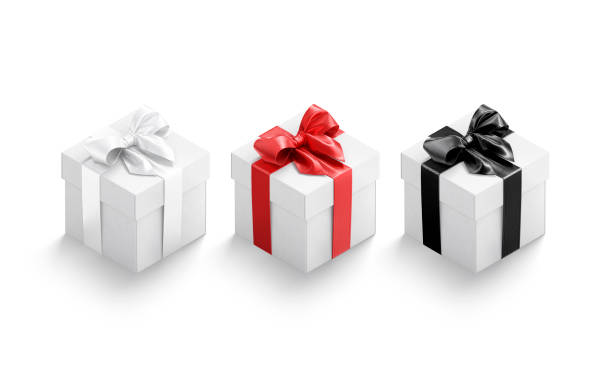 istock Blank white gift box with gold, red, black ribbon mockup 1333185481