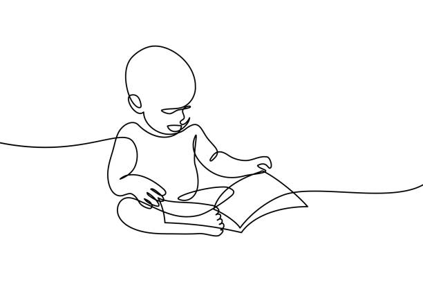 Baby with a book Baby with a book in continuous line art drawing style. Young child sitting and turning pages of a board book. Early reading. Black linear sketch isolated on white background. Vector illustration kids reading clipart stock illustrations