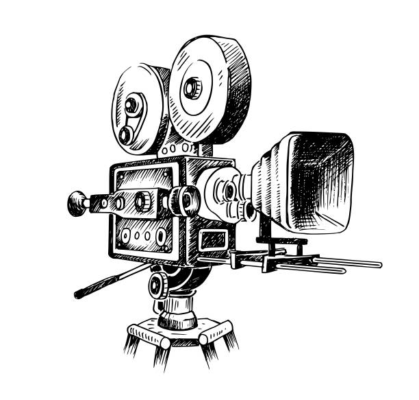 skizze eines auf weißem hintergrund isolierten camcorders, der von hand im retro-stil gezeichnet wurde. vektorillustration, skizze - television camera tripod media equipment videography stock-grafiken, -clipart, -cartoons und -symbole