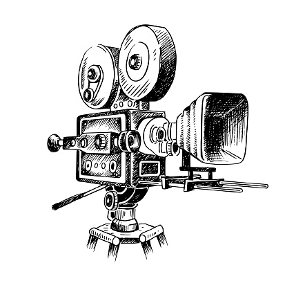 Sketch of a camcorder isolated on a white background drawn by hand in a retro style. Vector illustration, sketch