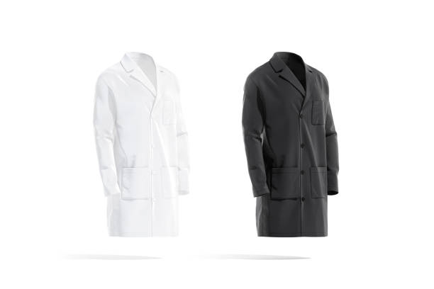 istock Blank black and white medical lab coat mockup, front view 1333188163