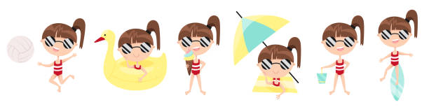 ilustrações de stock, clip art, desenhos animados e ícones de set of cool summer active mascot character. collection of cartoon illustrations with beach entertainment. little cute girl. for the design of stickers, banners, posters, flyers. for hotel and tourism. - cartoon little girls surfing child