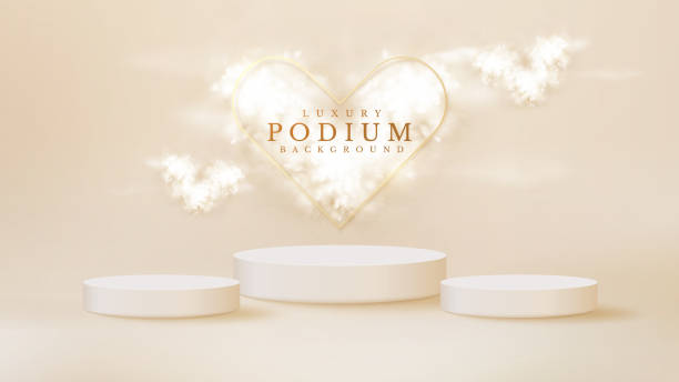 istock White podium display product and heart shape cloud with sparkle gold lines element, Realistic 3d luxury style background, vector illustration for promoting sales and marketing. 1333190163