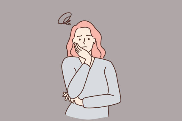 Feeling worried and frustration concept Feeling worried and frustration concept. Young irritated frustrated woman cartoon character standing touching chick looking at camera vector illustration worried stock illustrations