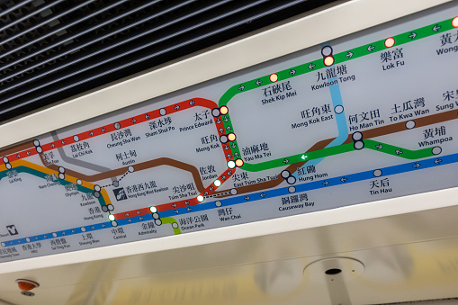 Hong Kong - August 9, 2021 : MTR System Map inside the train in Hong Kong. MTR is a major public transport network serving Hong Kong.
