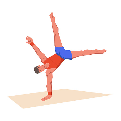 A gymnast with an athletic physique performs Floor exercise programme event, athlete shows static hold skill with his hands. Vector flat design illustration. Individual all-around competition scene.