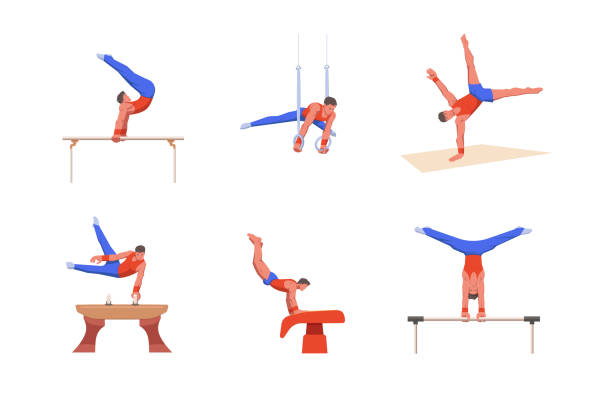 A gymnast with an athletic physique performs an artistic gymnastic programme on variable apparatuses. A gymnast with an athletic physique performs an artistic gymnastic programme on variable apparatuses. Vector flat design illustration. Individual all-around competition set. artistic gymnastics stock illustrations