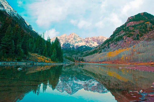 Mountains-Maroon Bells-Aspen Colorado-Reflection in Alpine Lake-Early Morning