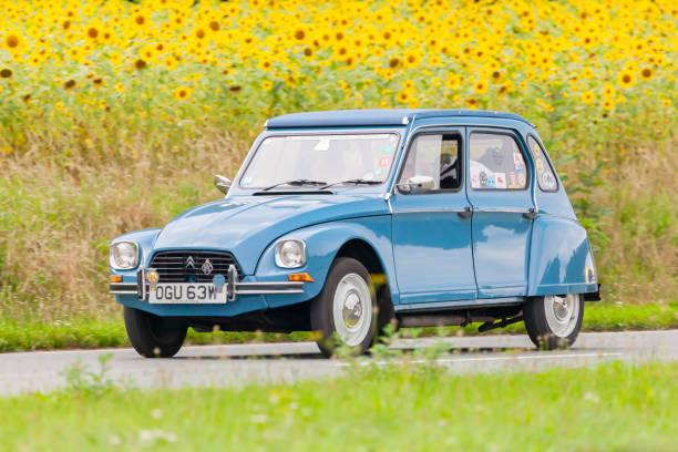 винтажный citroen 2cv перед полем с цветущими подсолнухами - citroën 2cv стоковые фото и изображения