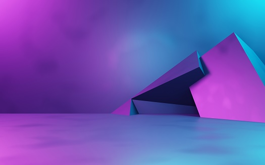Representación en 3D de fondo geométrico abstracto púrpura y azul. Concepto cyberpunk. Escena para publicidad, tecnología, escaparate, banner, cosmética, moda, negocios. Ilustración de ciencia ficción. Visualización del producto photo