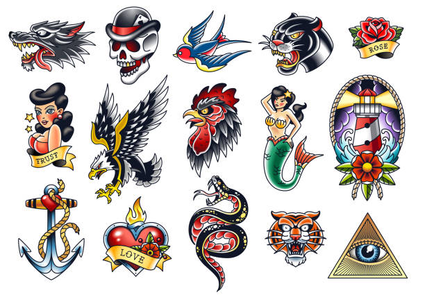 illustrations, cliparts, dessins animés et icônes de ensemble vectoriel d’arts tatoueurs traditionnels - tattoo