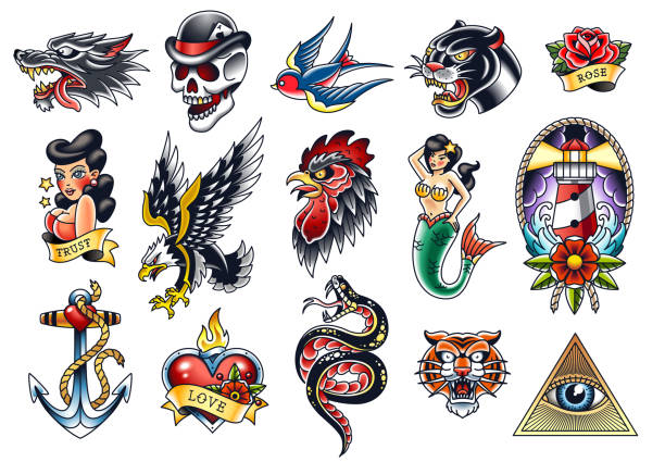 zestaw wektorów tradycyjnych sztuk tatuażu - naklejka ilustracje stock illustrations
