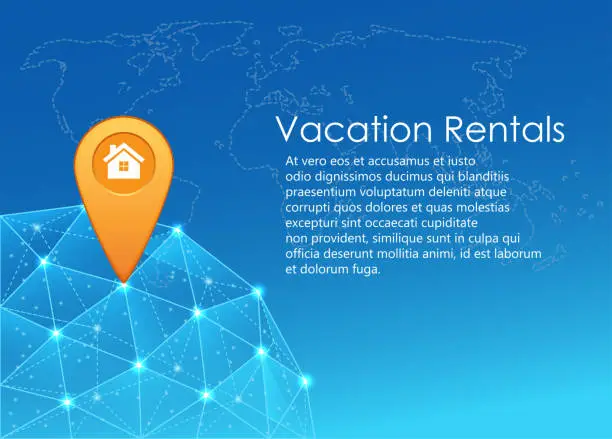 Vector illustration of Vacation rentals template with a GPRS map pointer on a low-poly abstract background with a world map.