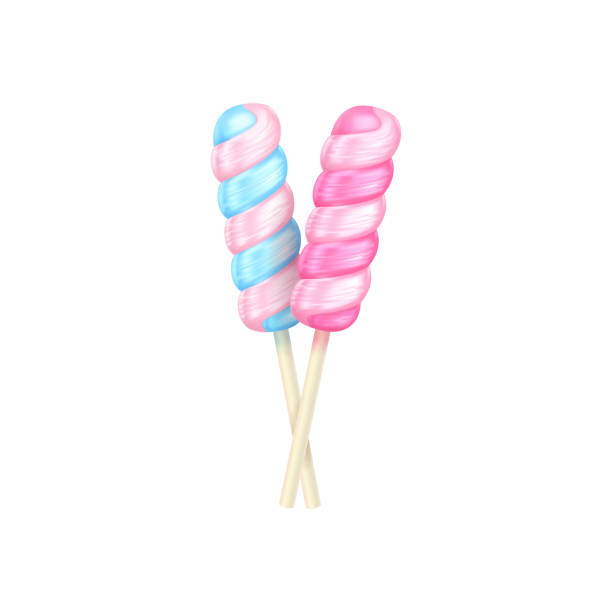 istock Vector realistic lollipops. Cute illustration of two three-dimensional colorful glossy striped candies on sticks on white background. Juicy sweets icon 1333196781