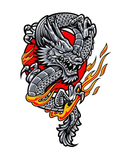 Dragon Japanese Tattoo Art Dragon with fire flames in red circle. Japanese tattoo style vector art. dragon tattoos stock illustrations
