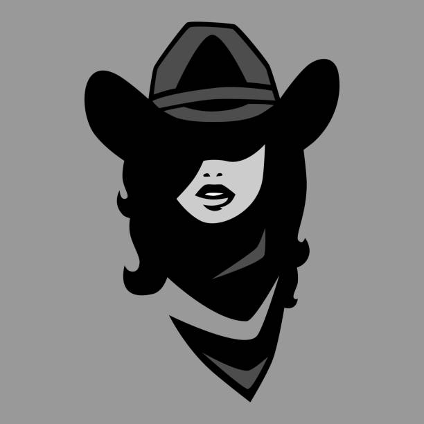 ilustraciones, imágenes clip art, dibujos animados e iconos de stock de símbolo de retrato de vaquera sobre fondo gris - cowboy hat hat wild west black