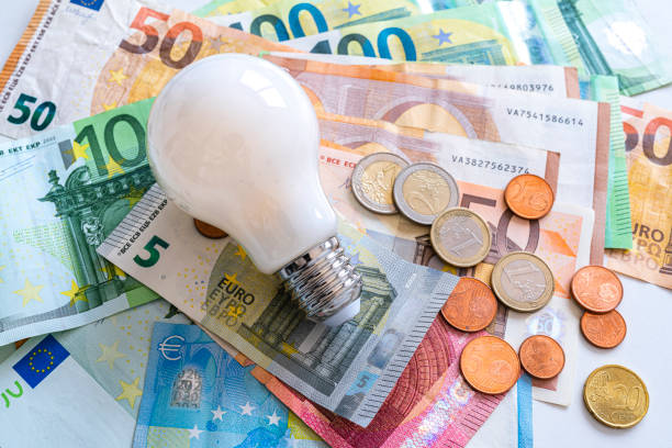 istock Electric light bulb on Euro banknotes and coins 1333197472