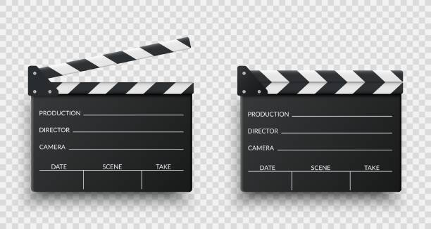 reális fekete film clappers fórumon meg. tapslapok nyitva és zárva - deszkafal témájú stock illusztrációk