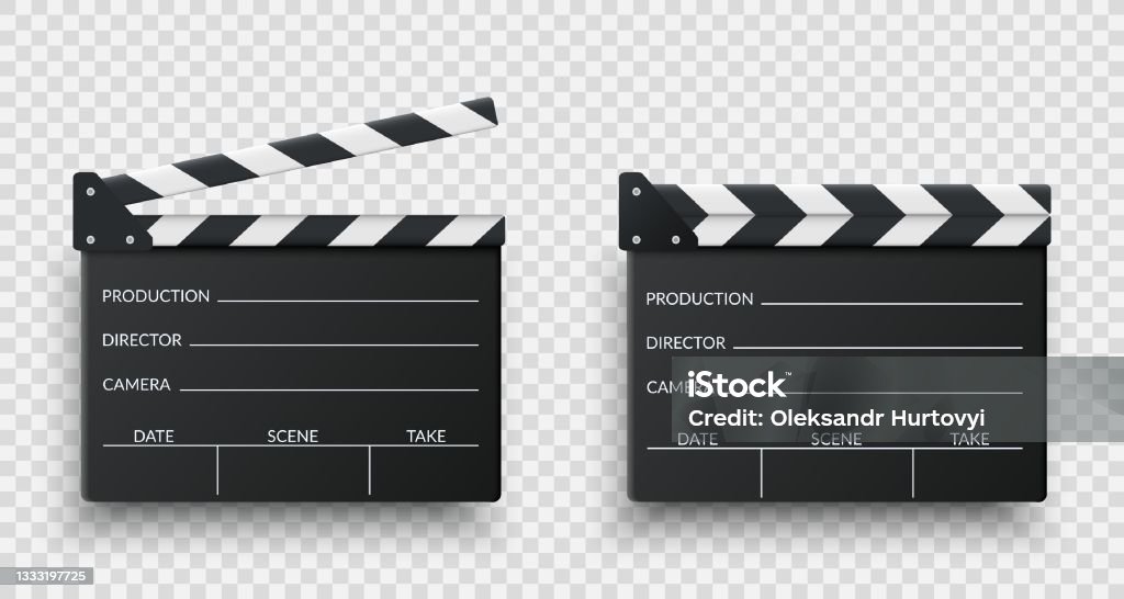 Realistic black movie clappers board set. Clapboards open and closed Realistic black movie clappers board set. Clapboards open and closed. Movie, cinema, film symbol concept. Director clapboard. Filmmaking, video production industry equipment. Vector illustration Film Slate stock vector