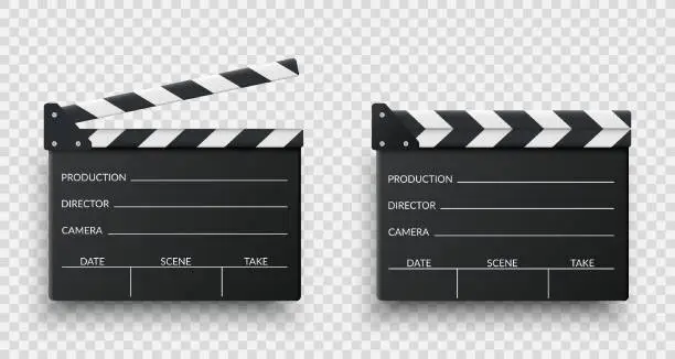 Vector illustration of Realistic black movie clappers board set. Clapboards open and closed