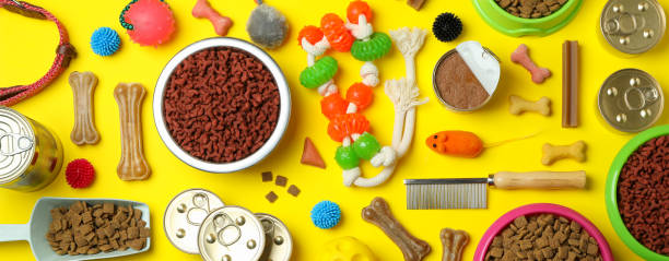 istock Pet accessories on yellow background, top view 1333203946